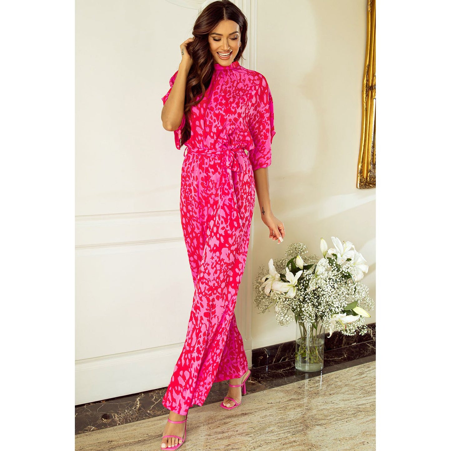 Dancing Together Rose Leopard Belted Wide Leg Jumpsuit