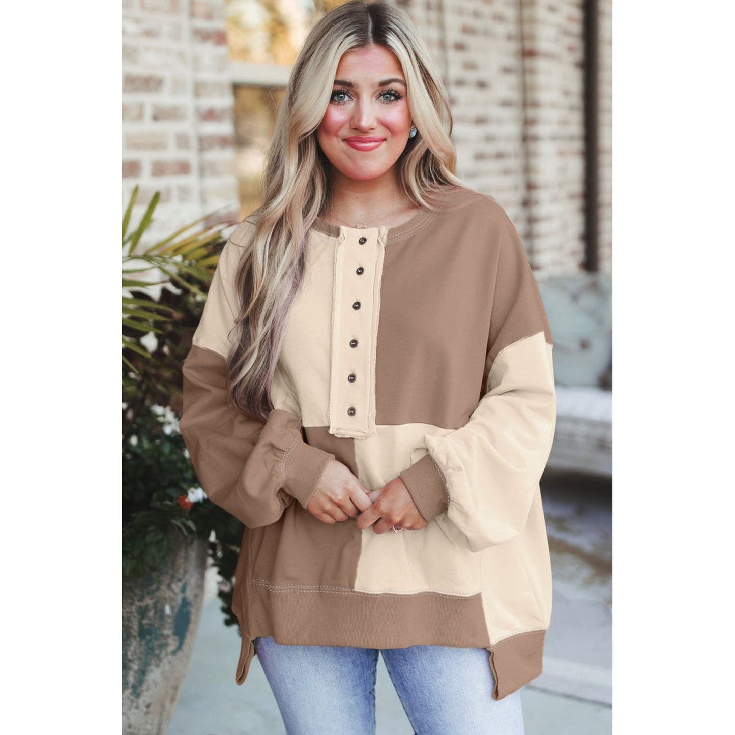 By the Fire Beige Colorblock Henley High Low Pullover