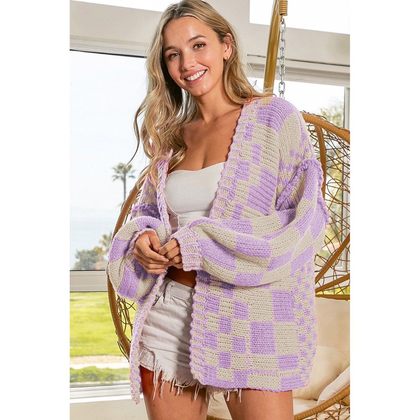 Orchid Petal Colorblock Checked Open Front Knitted Cardigan