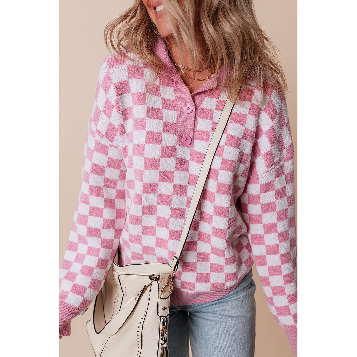 Fool Me Once Pink Checkered Buttoned V Neck Sweater