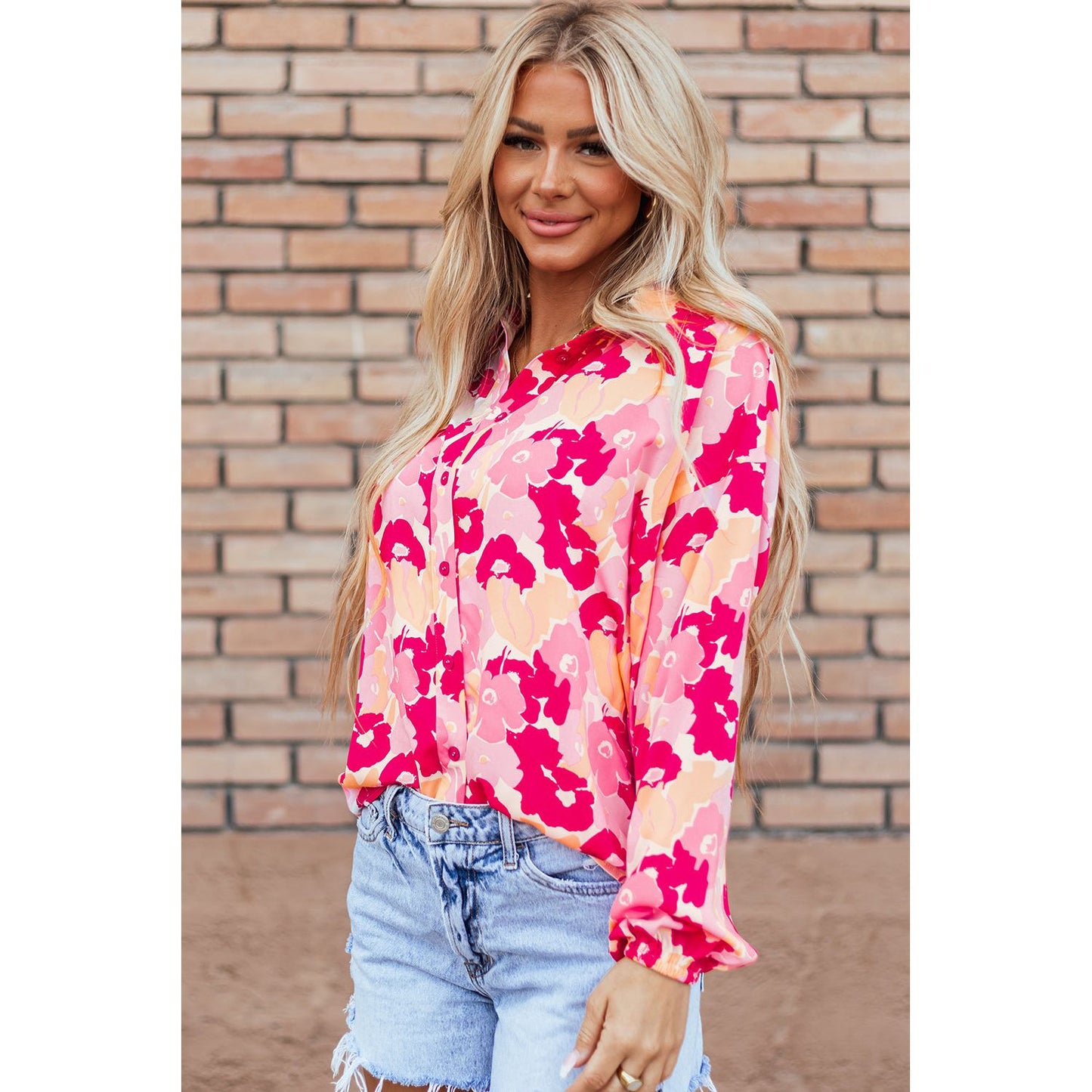 Pink Blooming Floral Print Puff Sleeve Buttoned Blouse