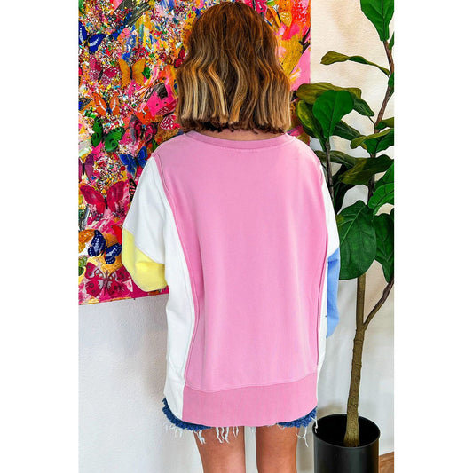 Bonbon Color Block Exposed Seam Patchwork Side Slits Sweatshirt