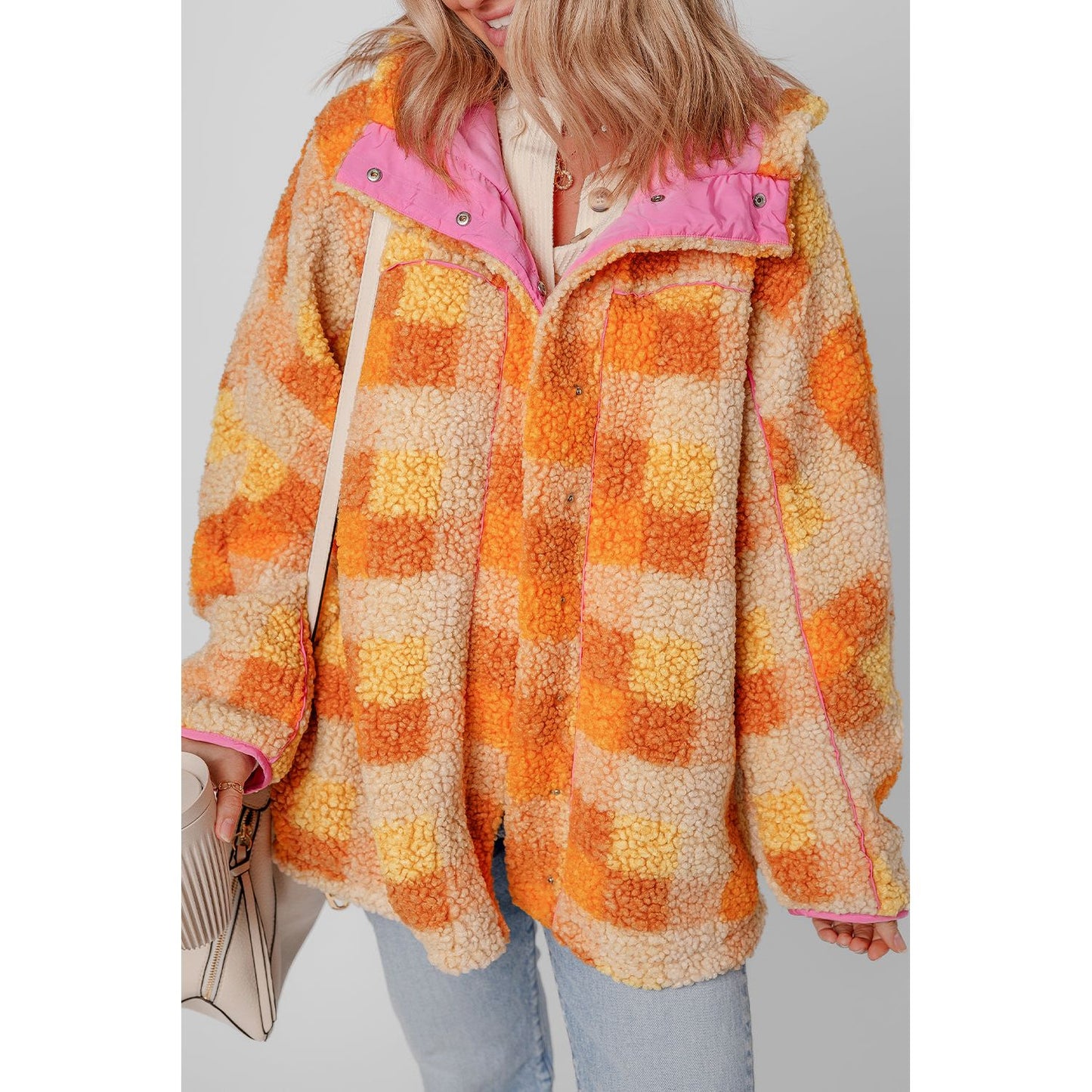 Orange Checkered Sherpa Hooded Jacket