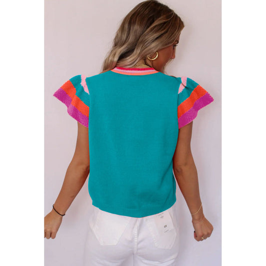 Walks On the Beach Turquoise Flutter Sleeves Knitted Blouse