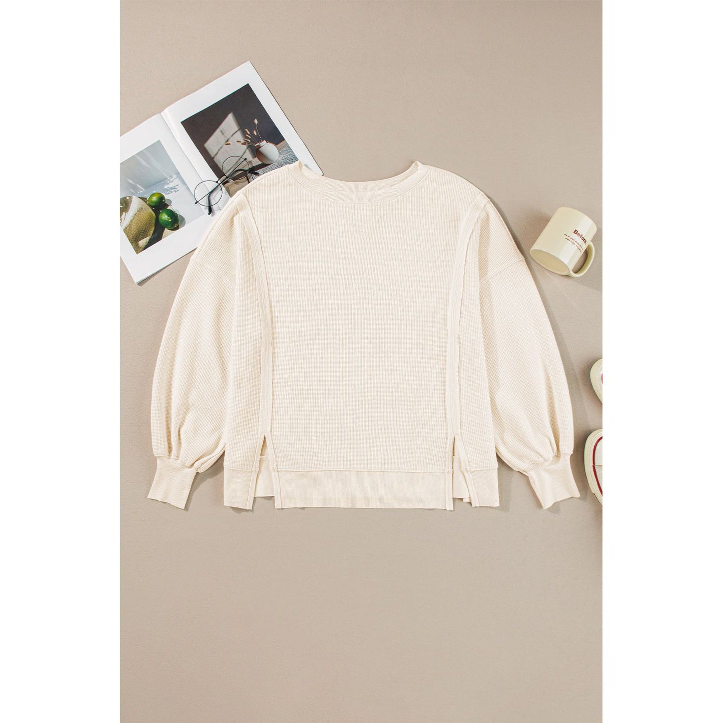 White Waffle Bishop Sleeve Split Oversized Sweatshirt