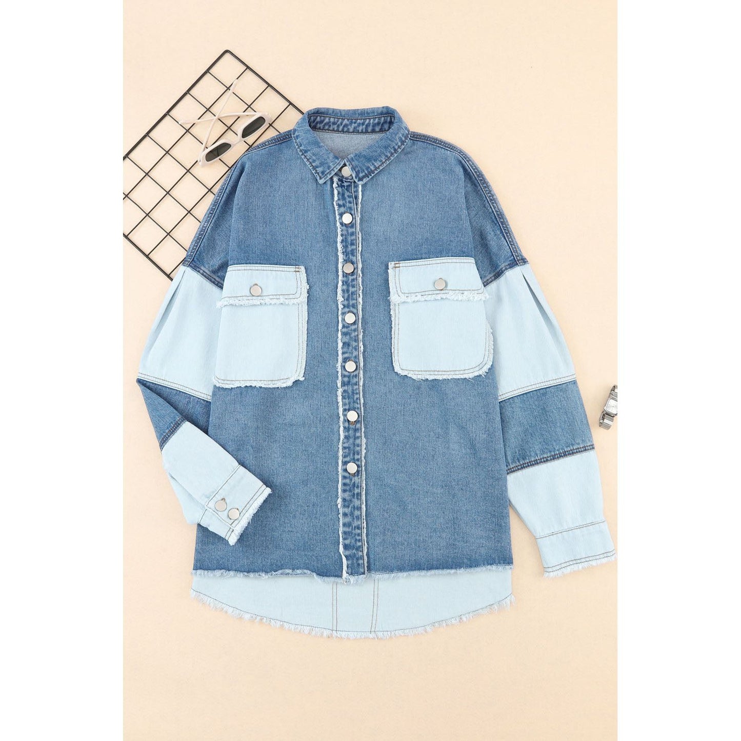 Dark Blue Patchwork Raw Hem Oversized Denim Shacket