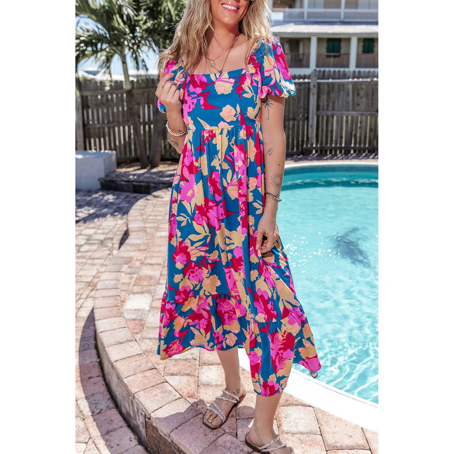 Happier Days Square Neck Bubble Sleeve Ruffled Floral Dress