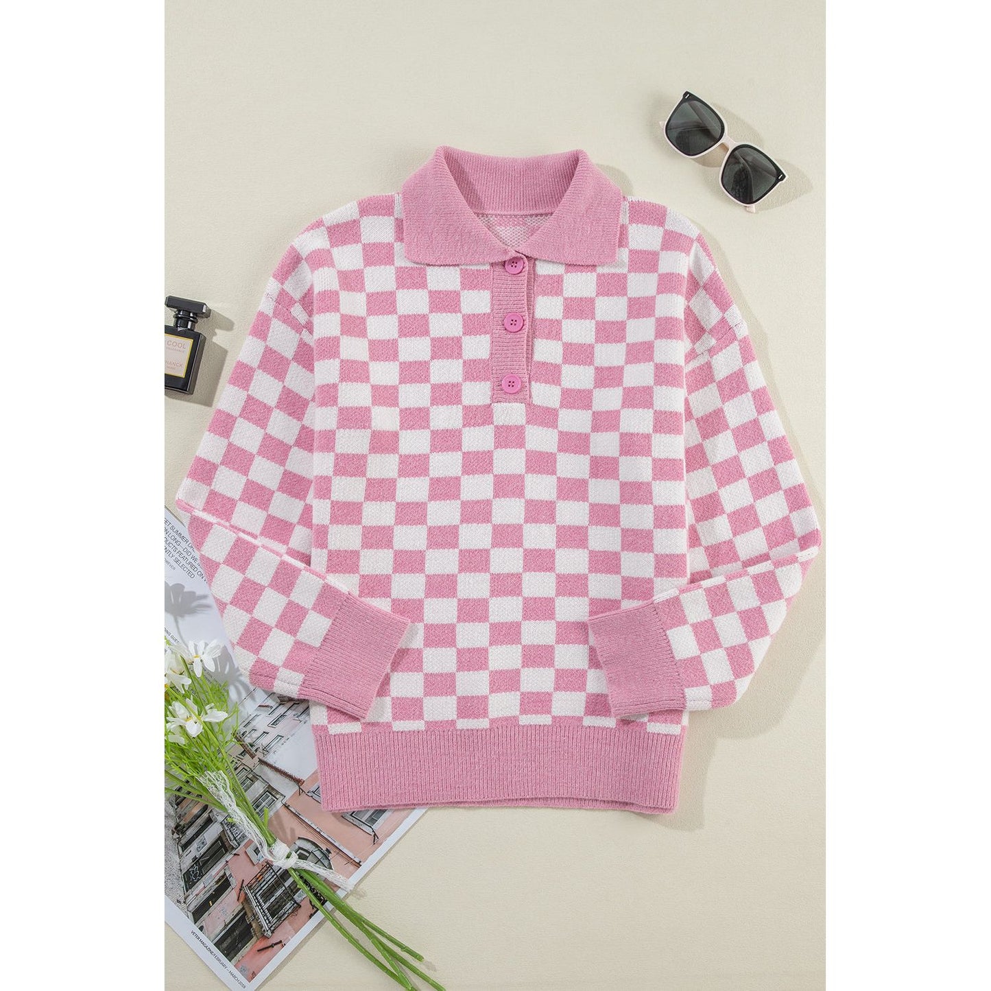 Fool Me Once Pink Checkered Buttoned V Neck Sweater