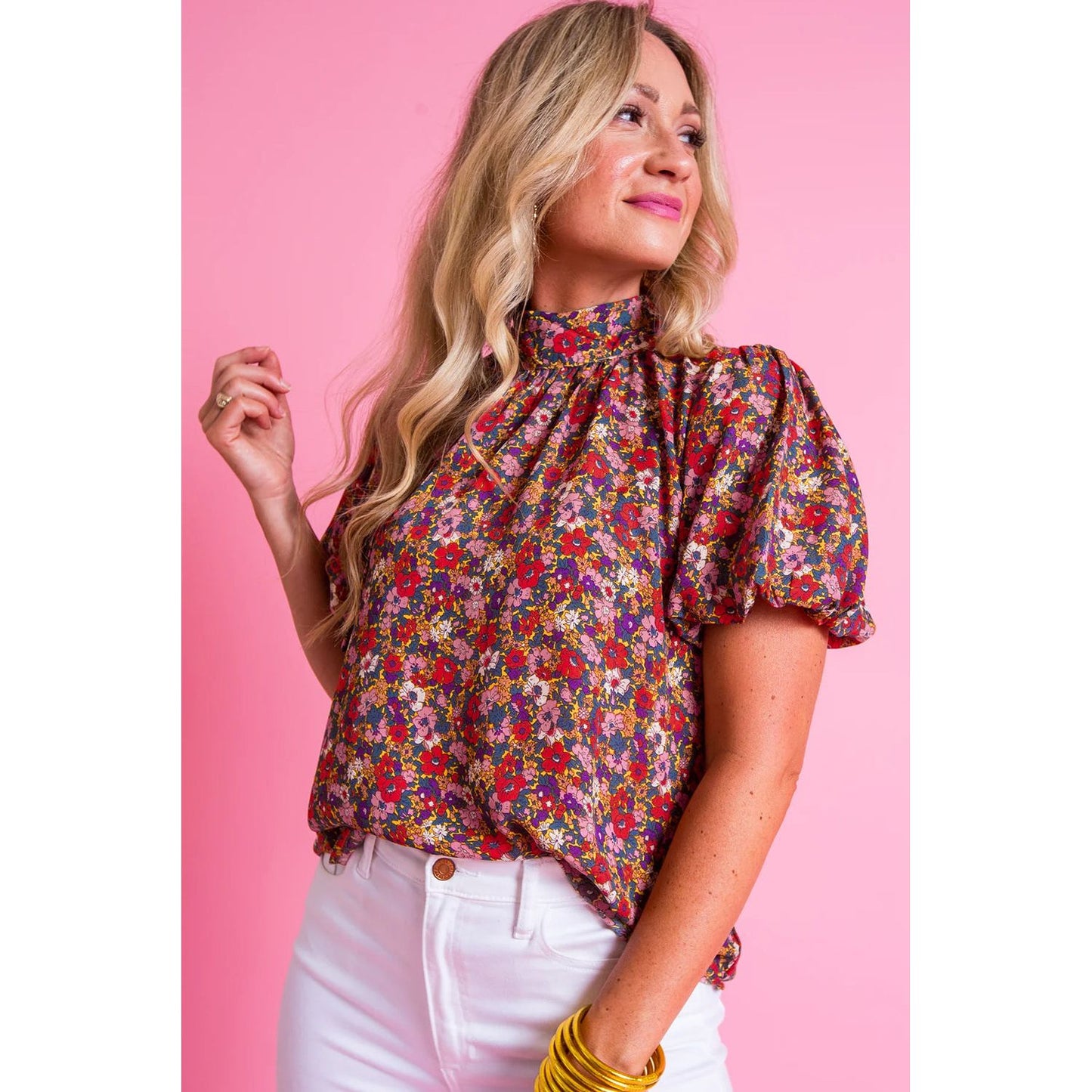 Spring Forward Floral Print Knotted High Neck Puff Sleeve Blouse