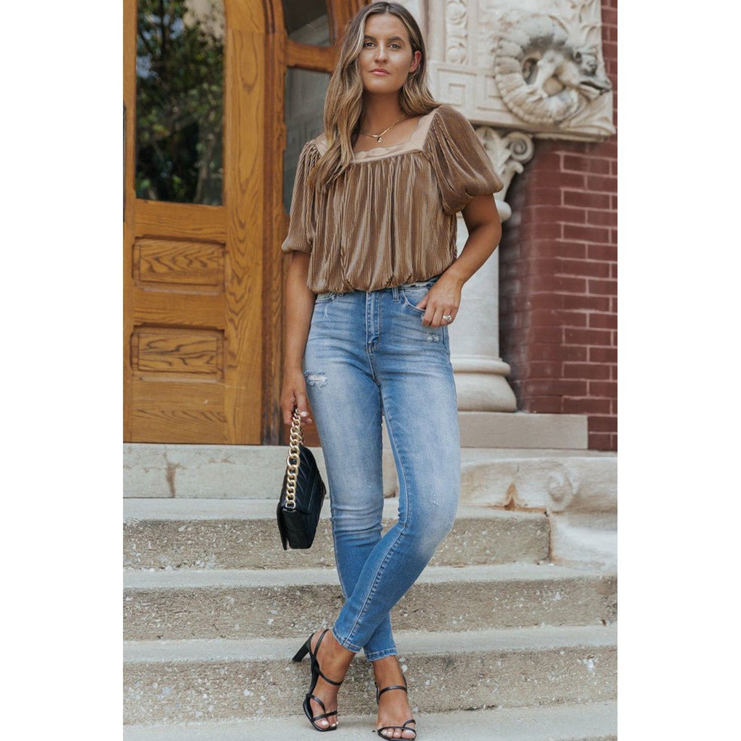 Simply Taupe Pleated Puff Sleeve Square Neck Blouse