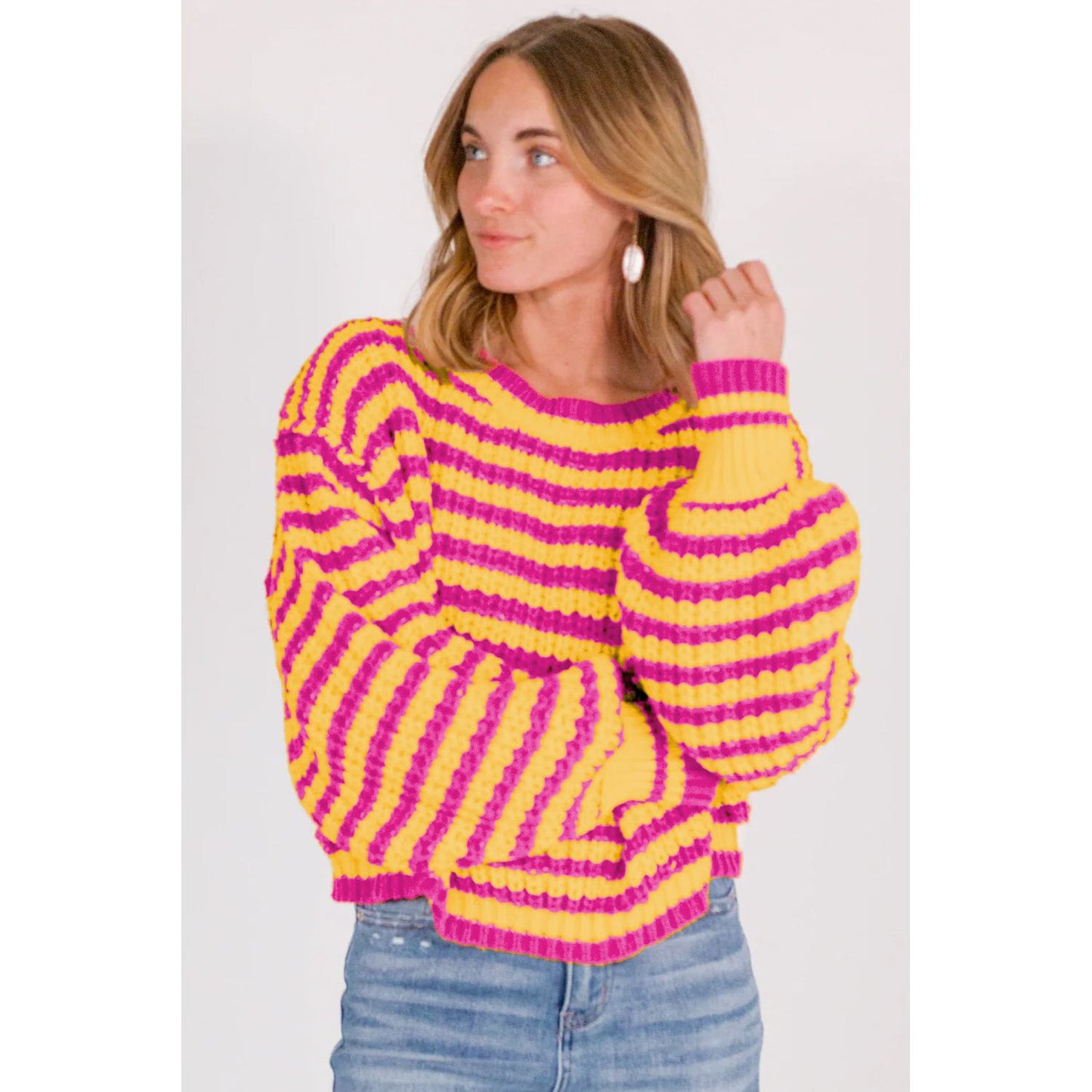 Orange Striped Bubble Sleeve Loose Sweater