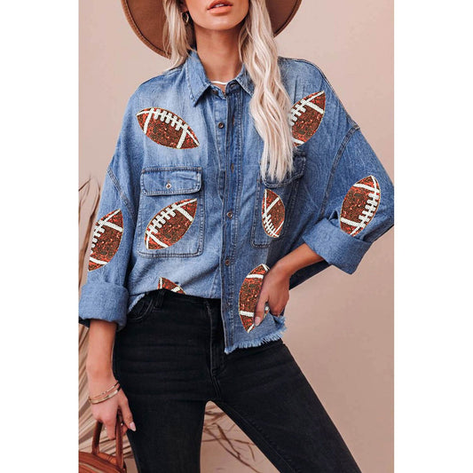 Sequined Football Patchwork Flap Pockets Raw Hem Denim Jacket