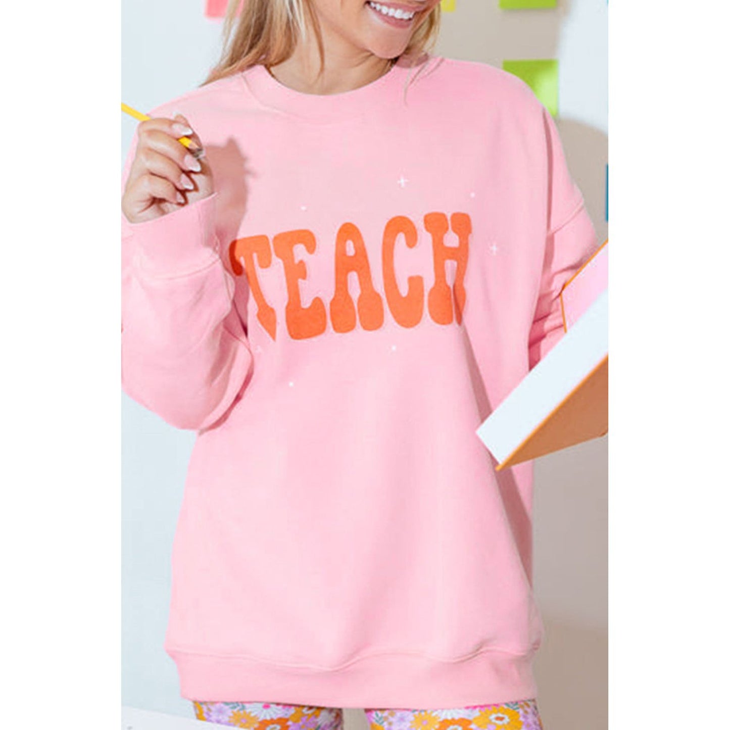 Pink TEACH Graphic Crewneck Sweatshirt