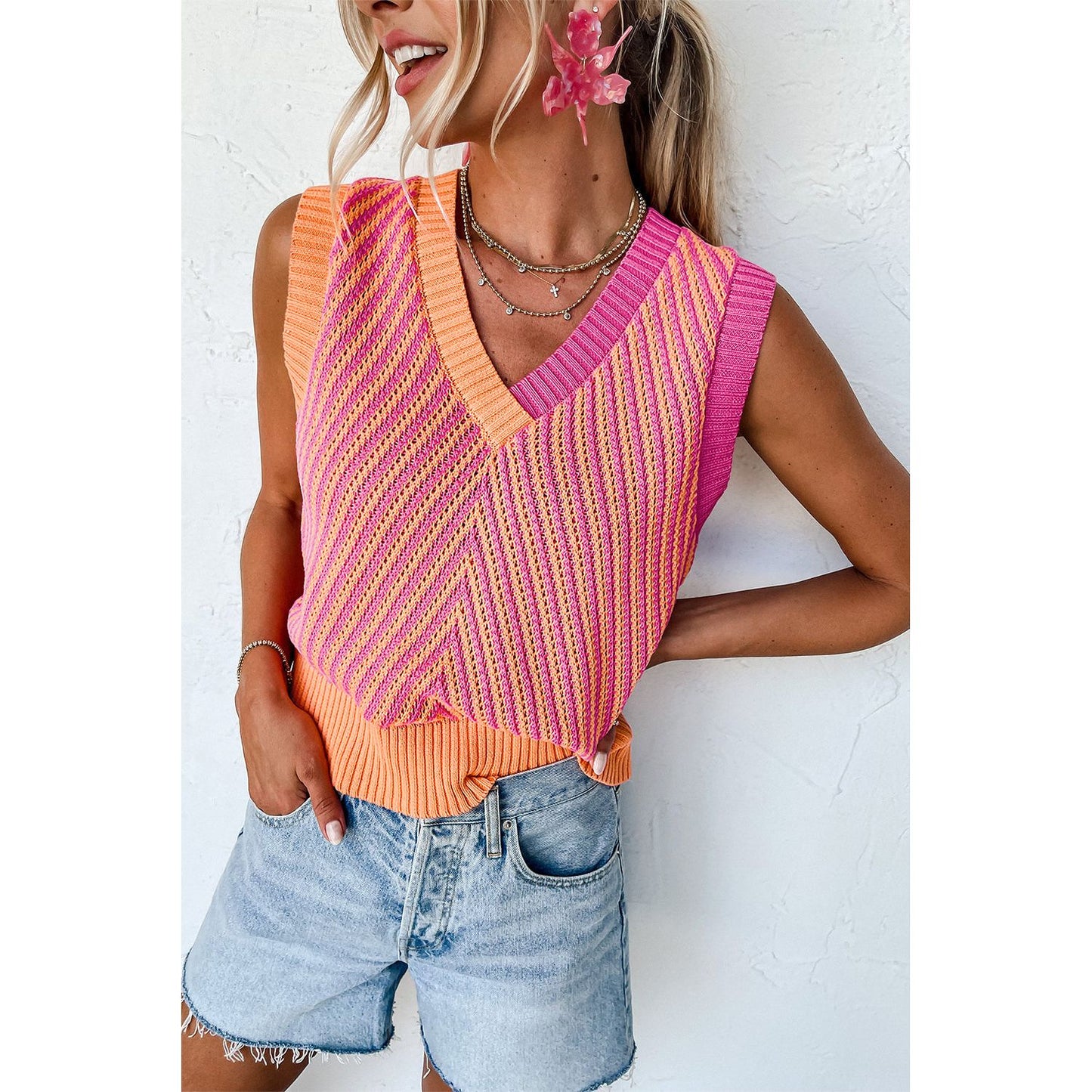 Picking Strawberries Pink Contrast Knit V Neck Sweater Vest