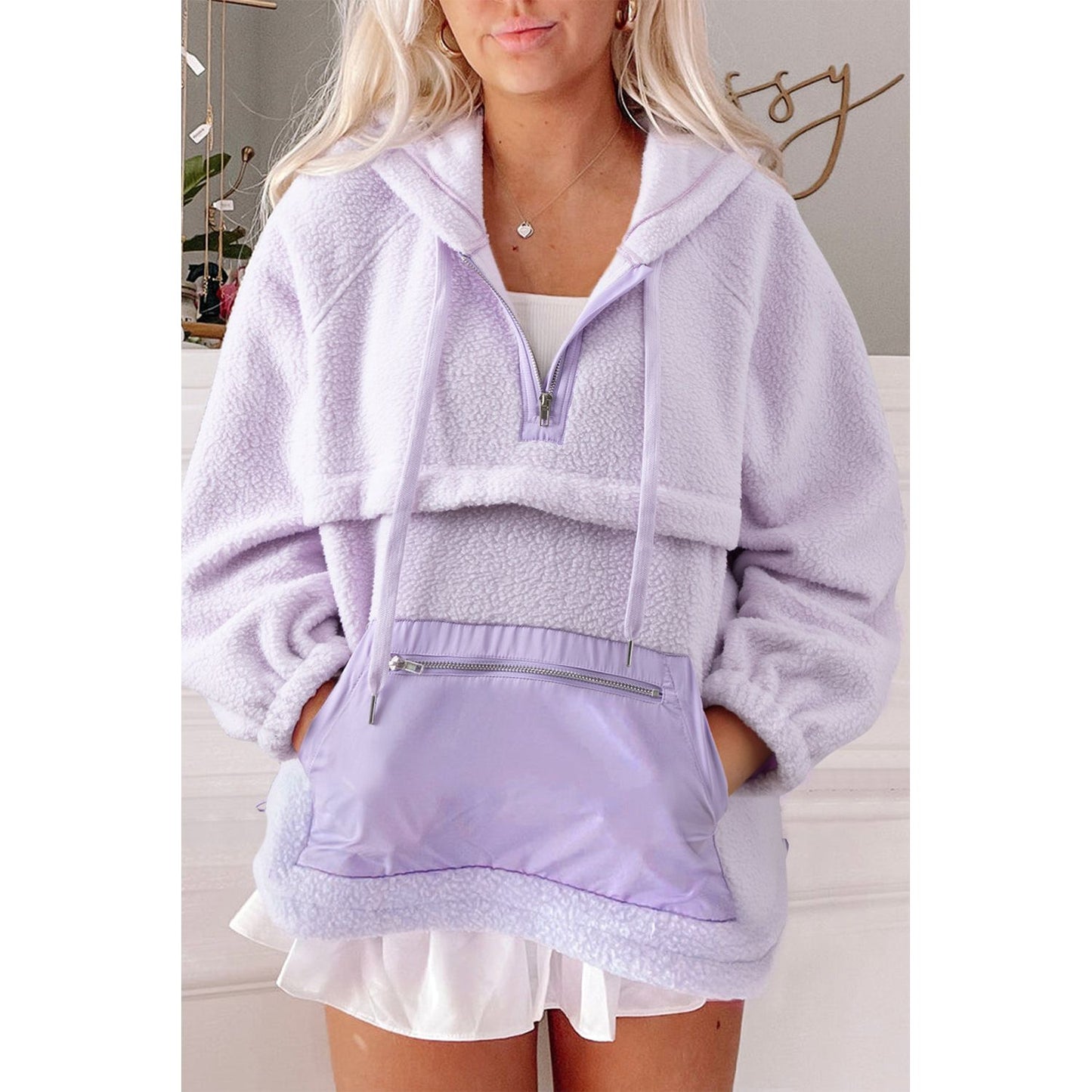 Lavender Fields Half Zip Patch Pocket Drawstring Hoodie