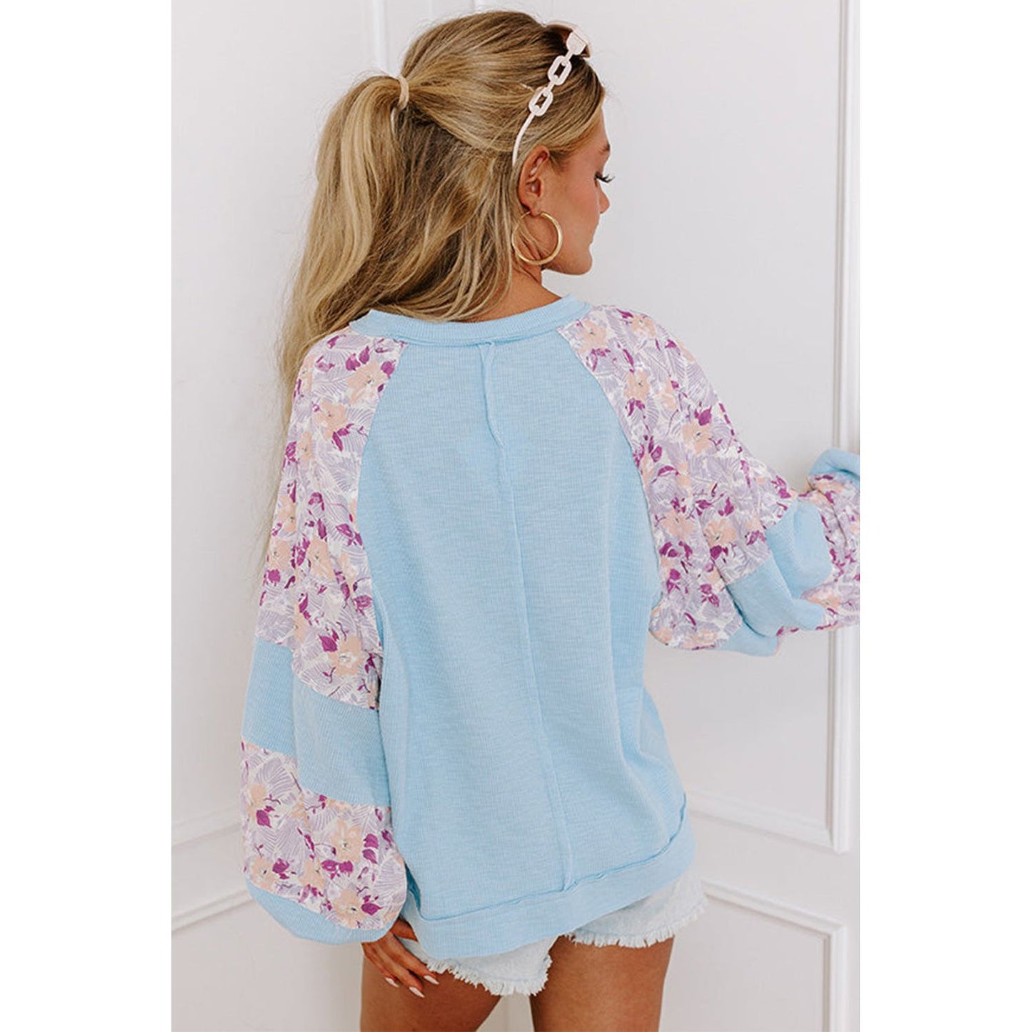 Beau Blue Ribbed Floral Patchwork Balloon Sleeve Top