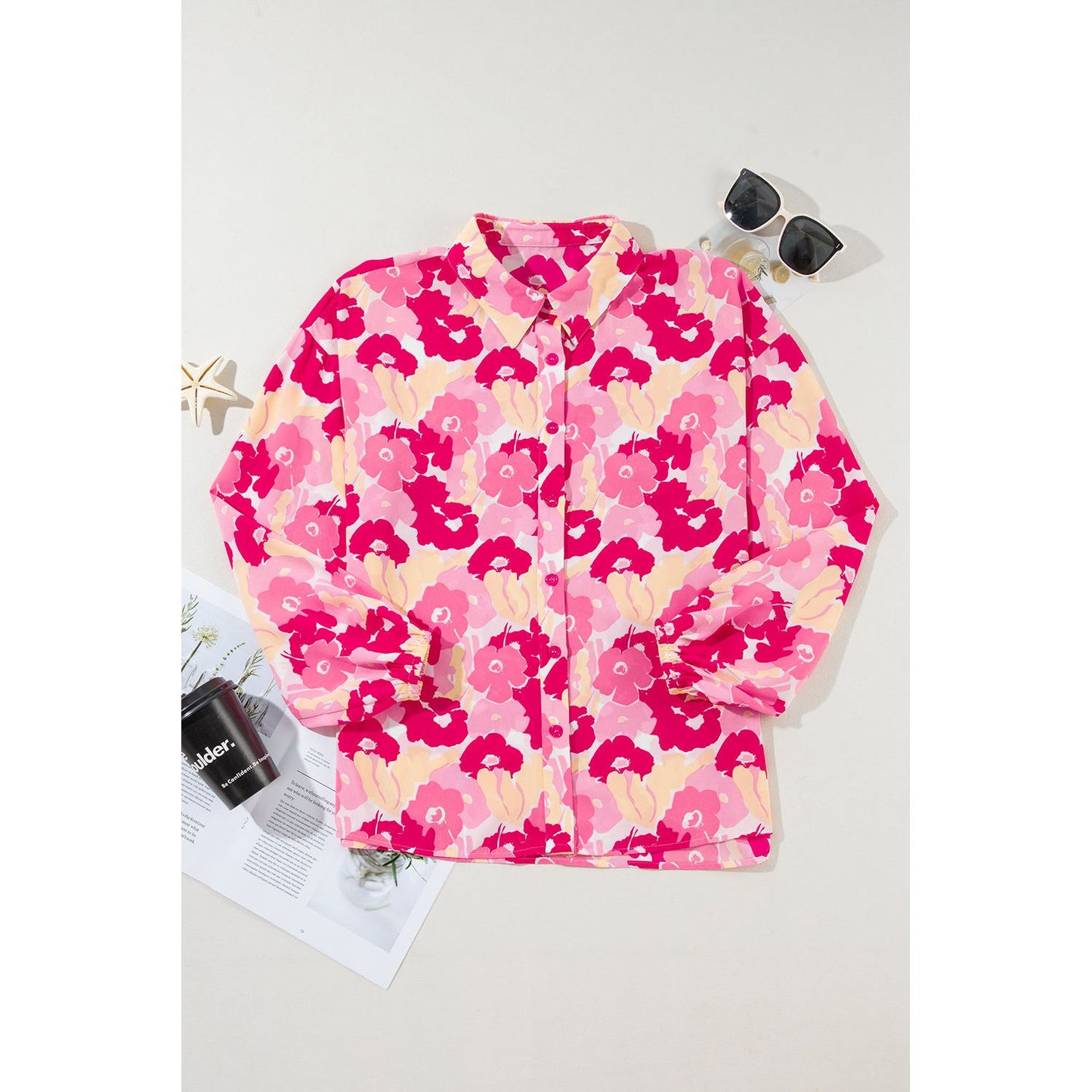 Pink Blooming Floral Print Puff Sleeve Buttoned Blouse