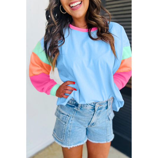 Running Errands Blue Colorblock Patchwork Long Sleeve Loose Top