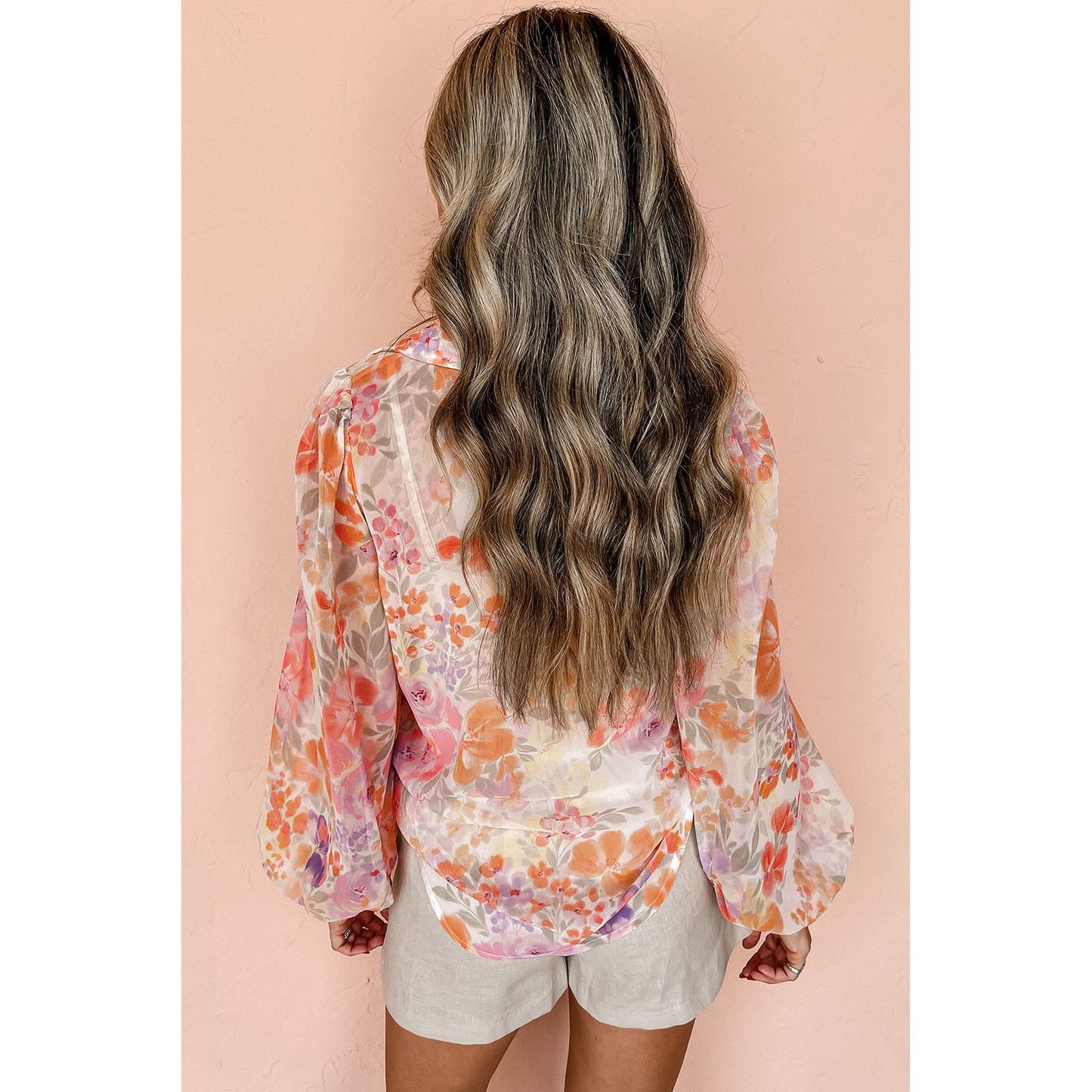 White Floral Print Collared Balloon Sleeve Blouse