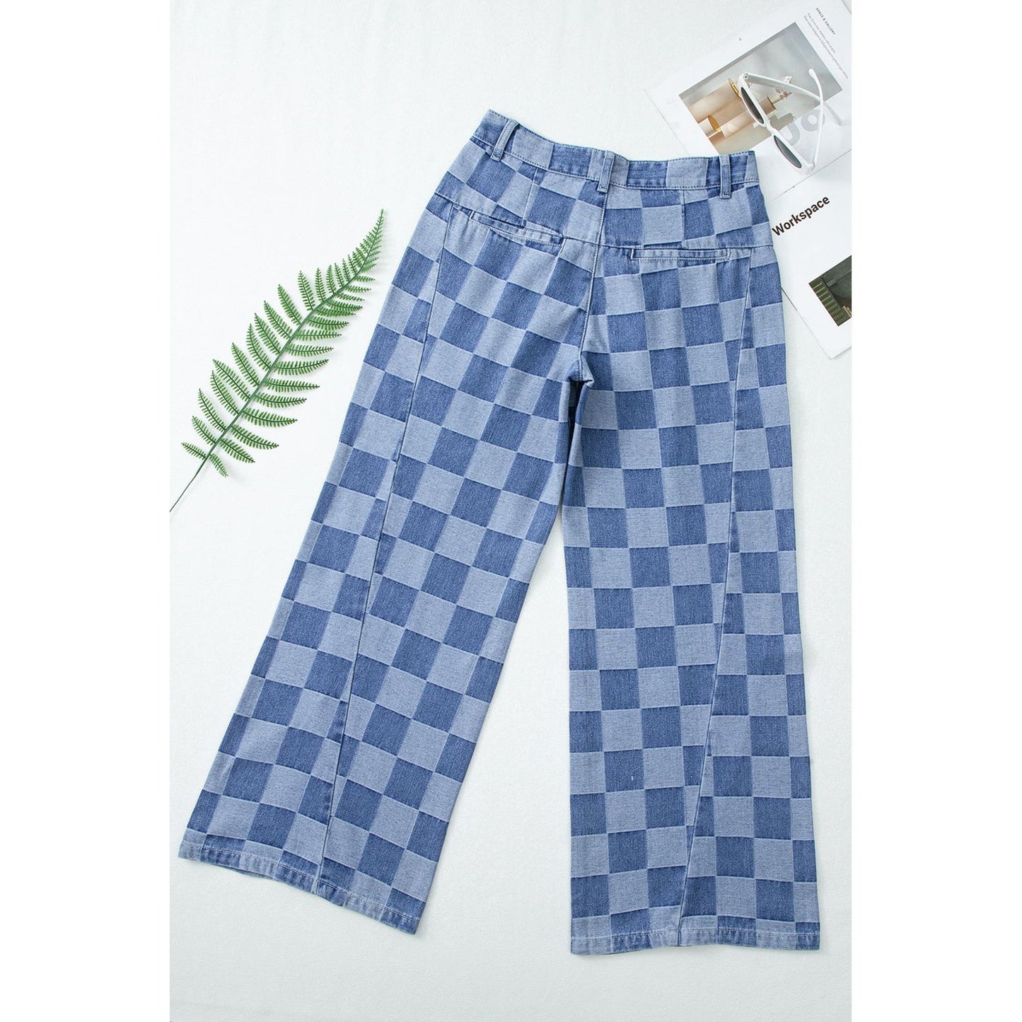 Dusk Blue Checkered Light Washed Wide Leg Jeans