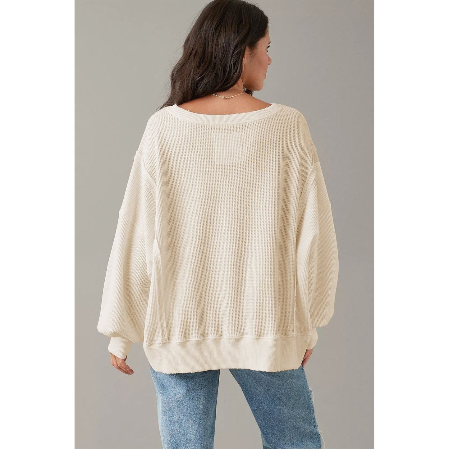 White Waffle Bishop Sleeve Split Oversized Sweatshirt