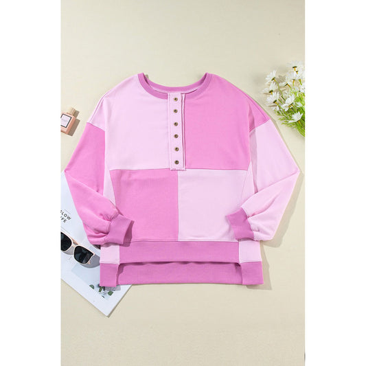 By the Fire Pink Colorblock Henley High Low Pullover