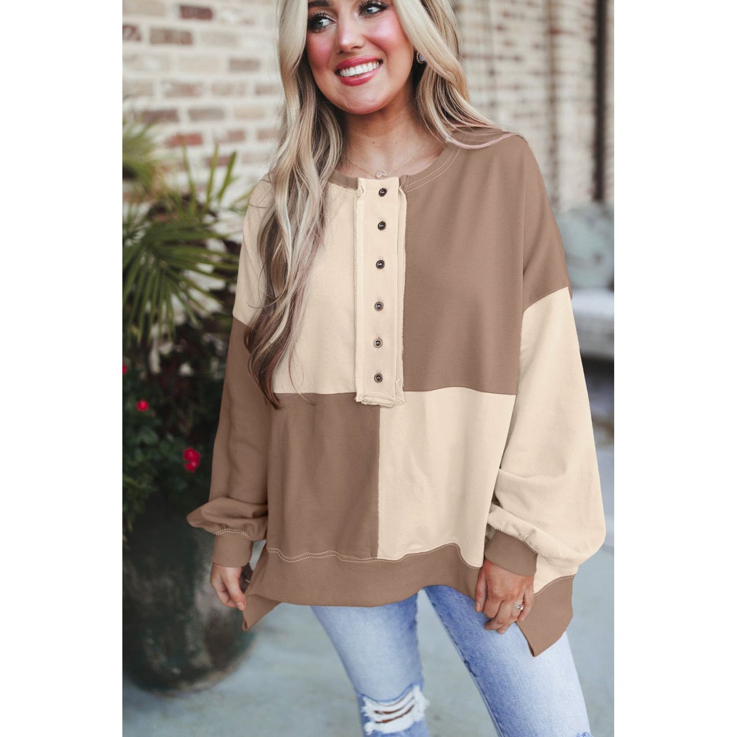 By the Fire Beige Colorblock Henley High Low Pullover