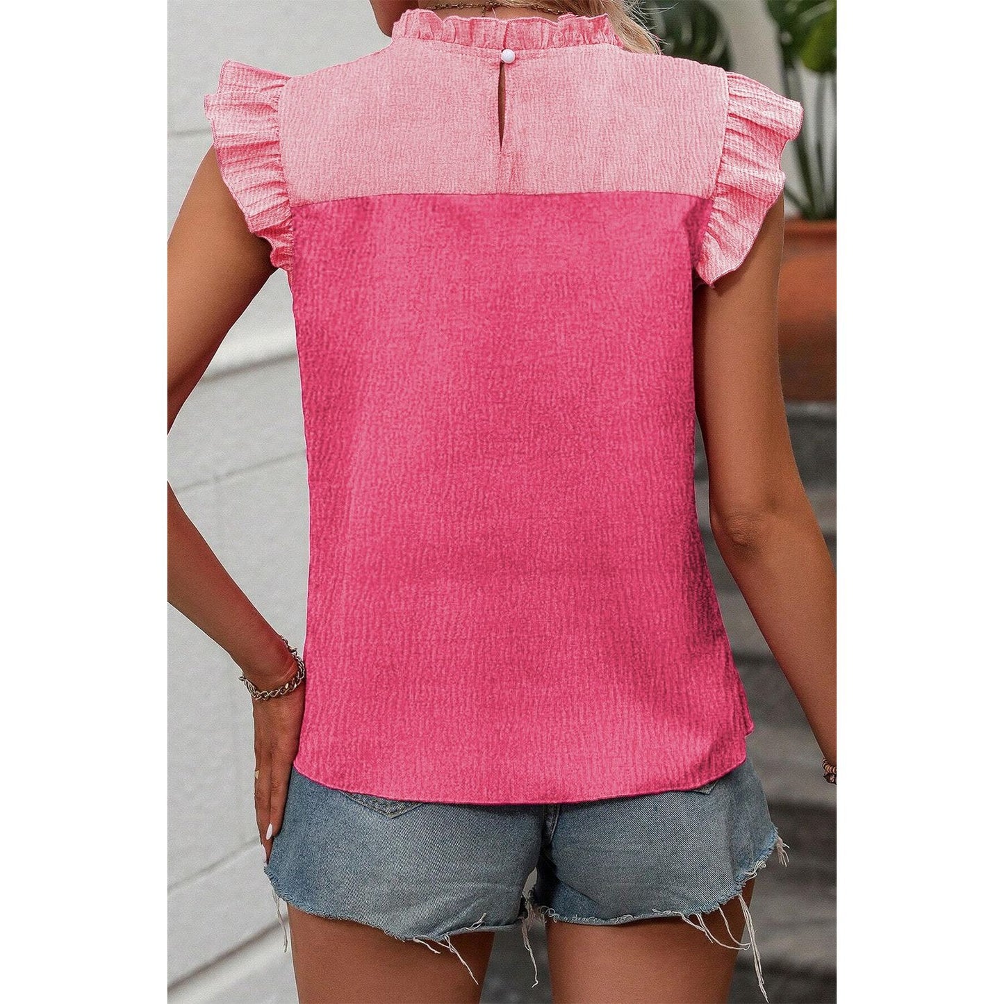Ruffled Color Block Round Neck Blouse