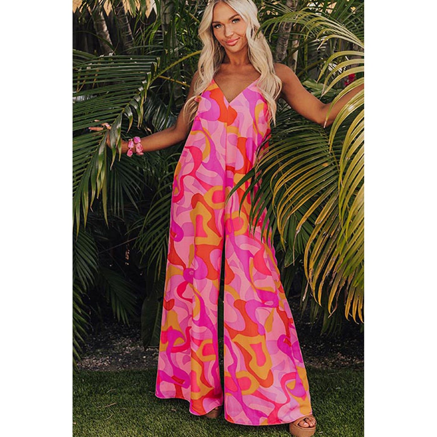 Date Night Pink Boho Abstract Print V Neck Wide Leg Jumpsuit