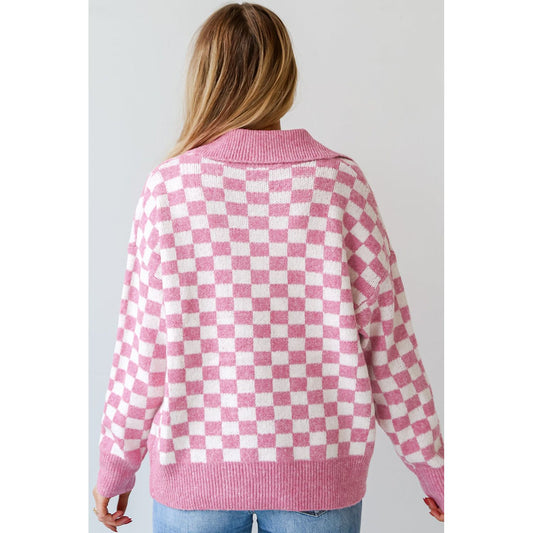 Fool Me Once Pink Checkered Buttoned V Neck Sweater