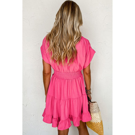Strawberry Pink Ruched Sleeve Smock Waist Tiered Ruffled Dress