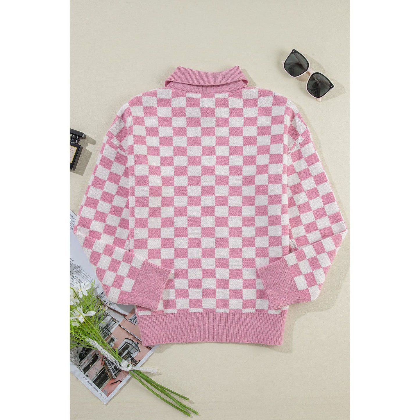 Fool Me Once Pink Checkered Buttoned V Neck Sweater