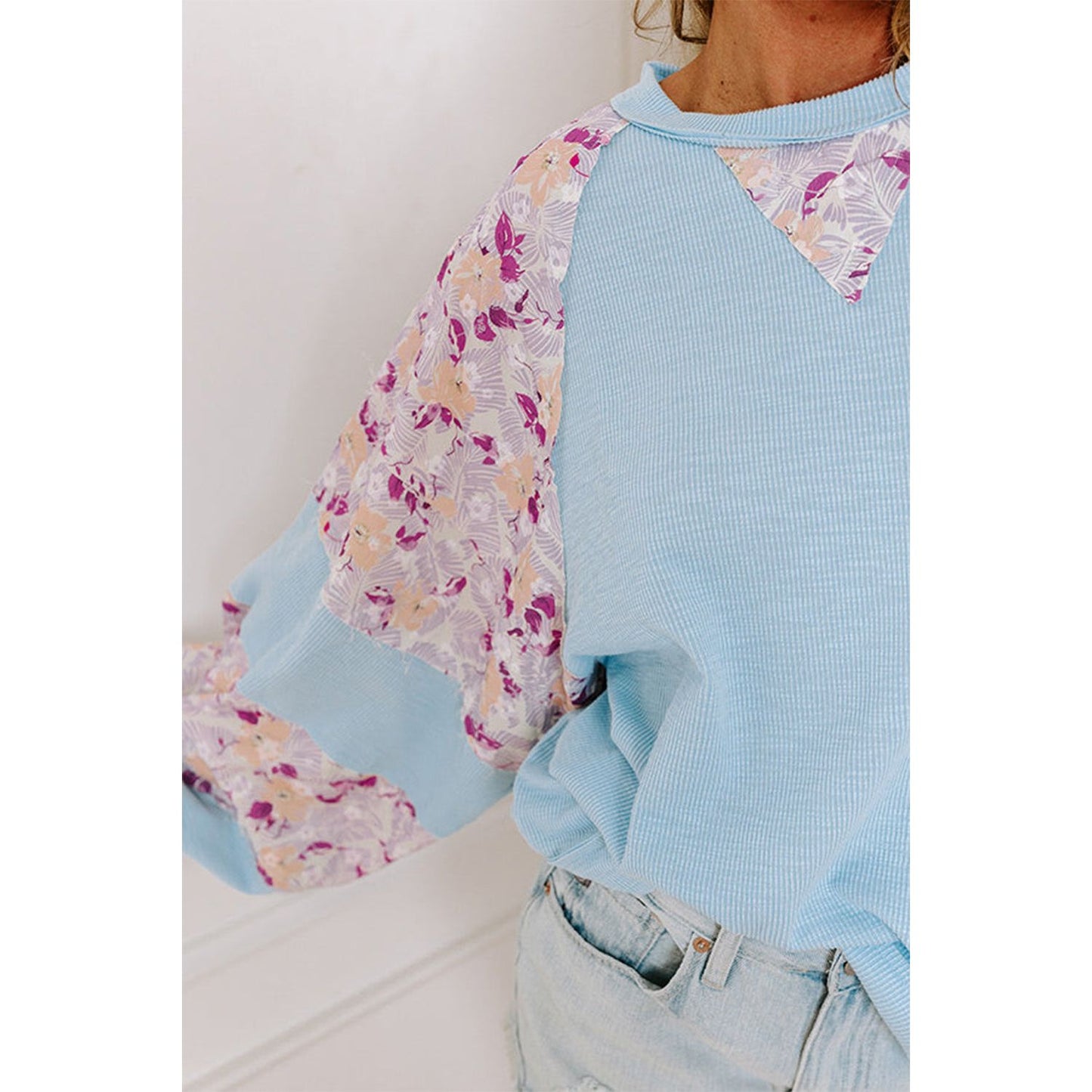 Beau Blue Ribbed Floral Patchwork Balloon Sleeve Top