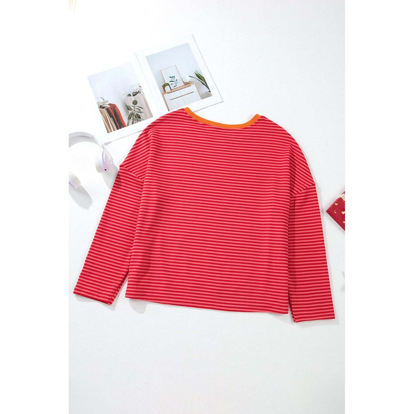 Red Lipstick Two Tone Striped Side Button Top