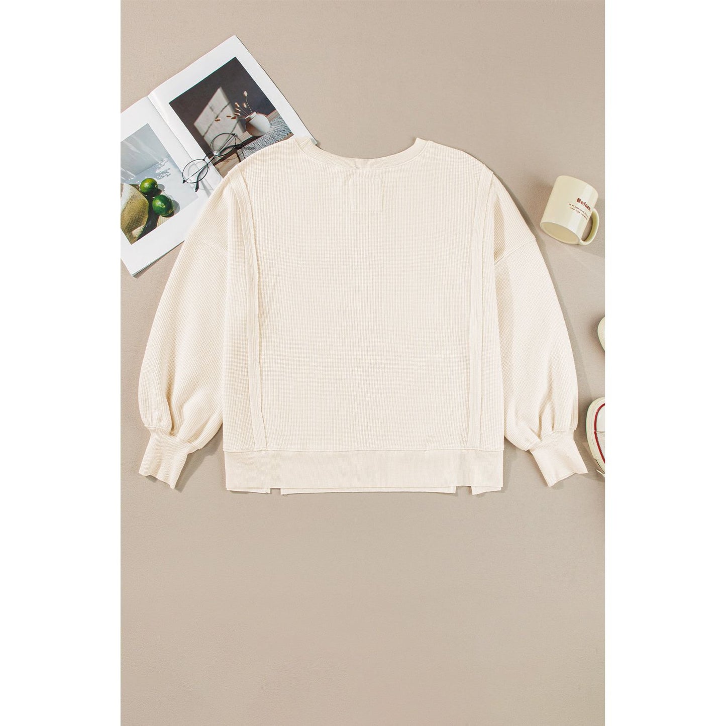 White Waffle Bishop Sleeve Split Oversized Sweatshirt