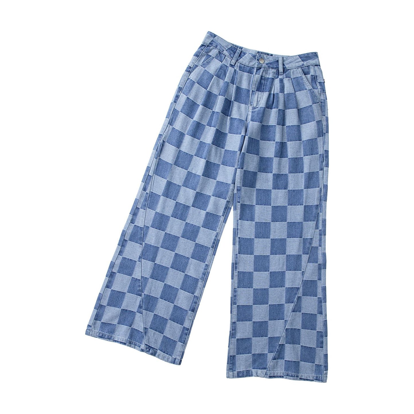 Dusk Blue Checkered Light Washed Wide Leg Jeans