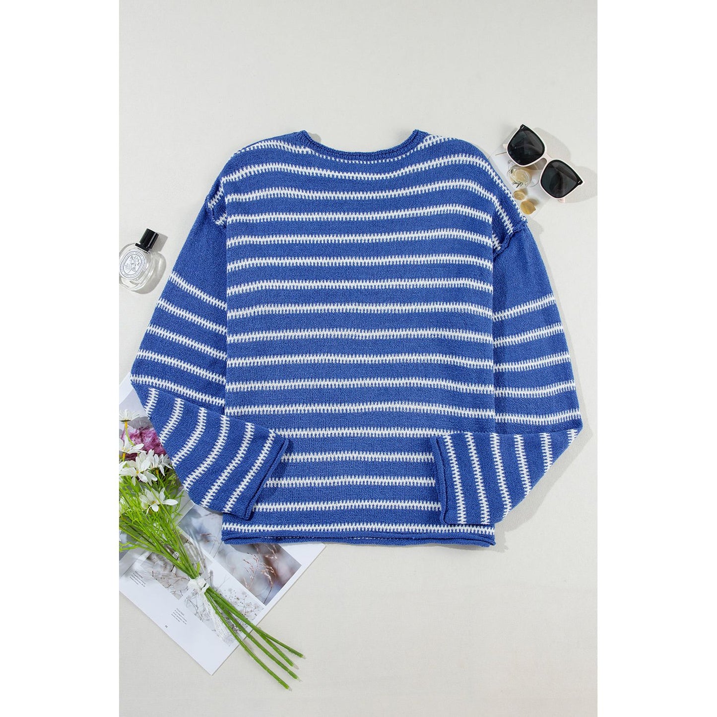 Cozy Season Sky Blue Striped Sweater