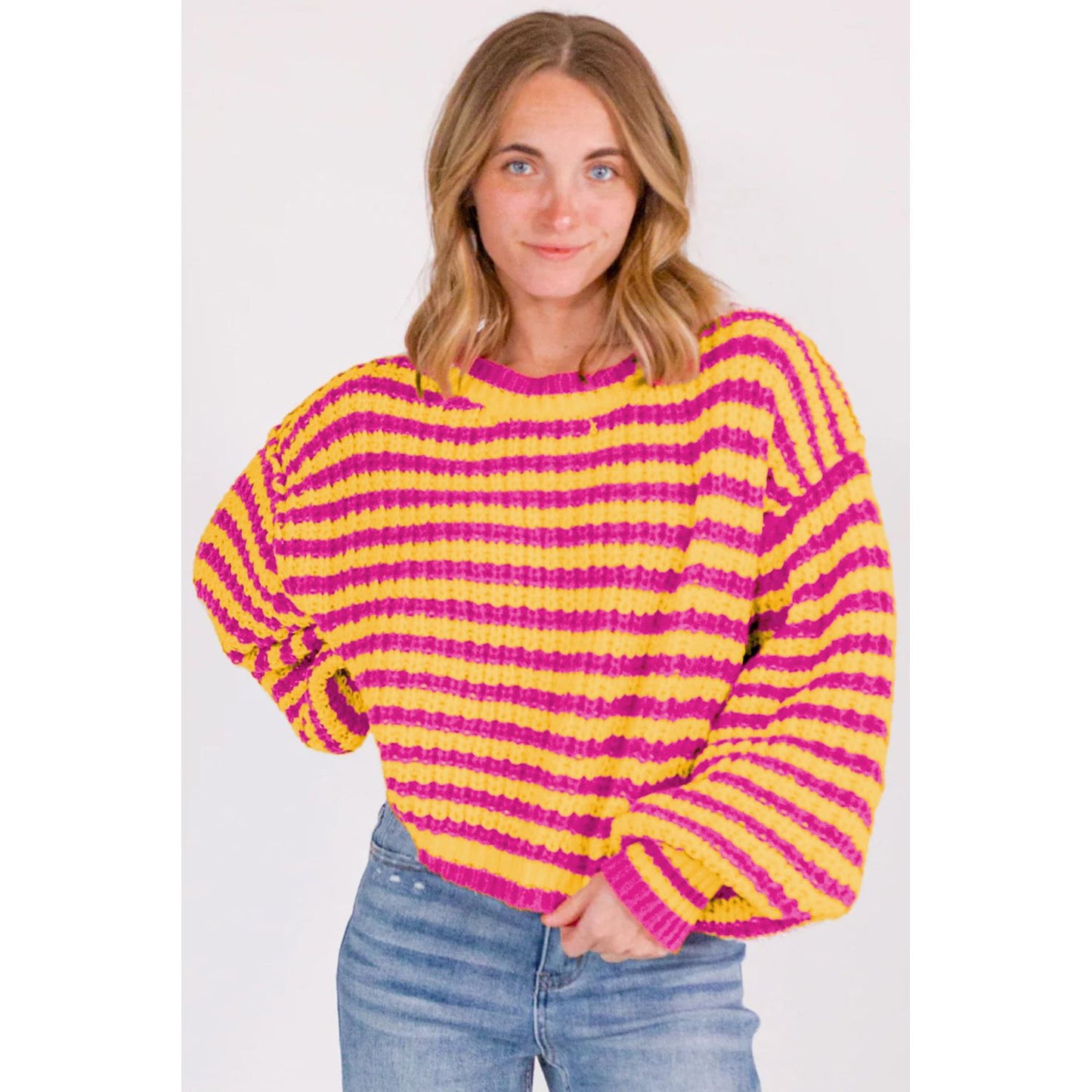 Orange Striped Bubble Sleeve Loose Sweater