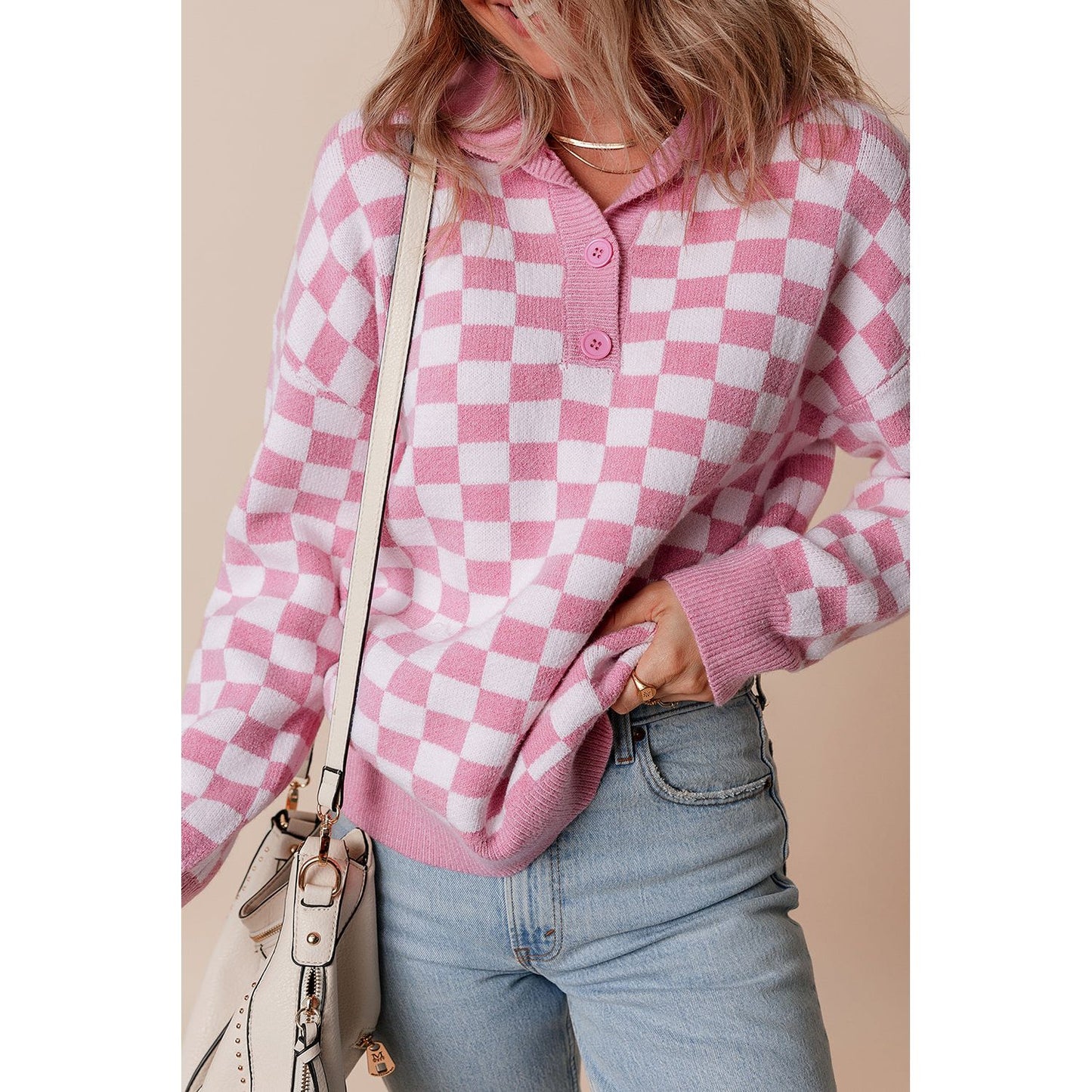 Fool Me Once Pink Checkered Buttoned V Neck Sweater