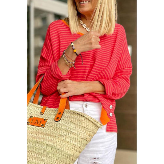 Red Lipstick Two Tone Striped Side Button Top