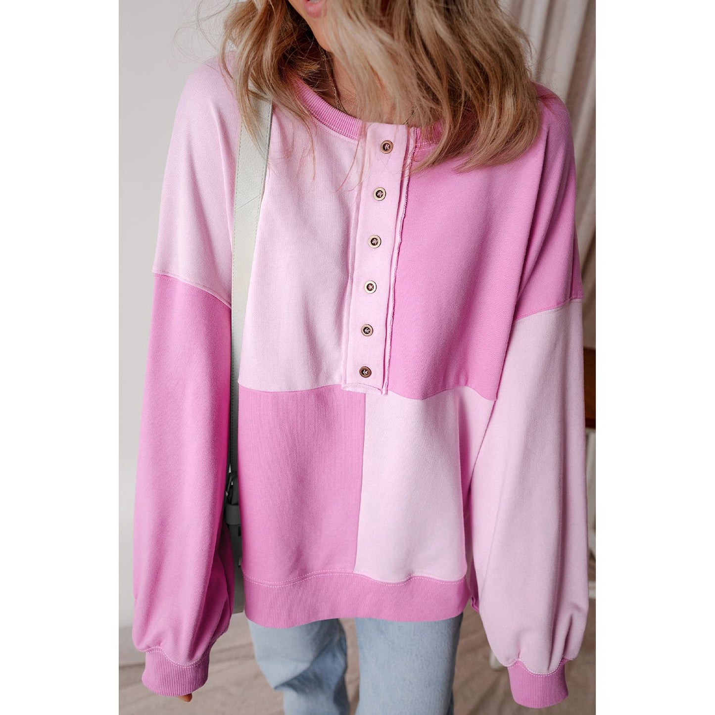 By the Fire Pink Colorblock Henley High Low Pullover