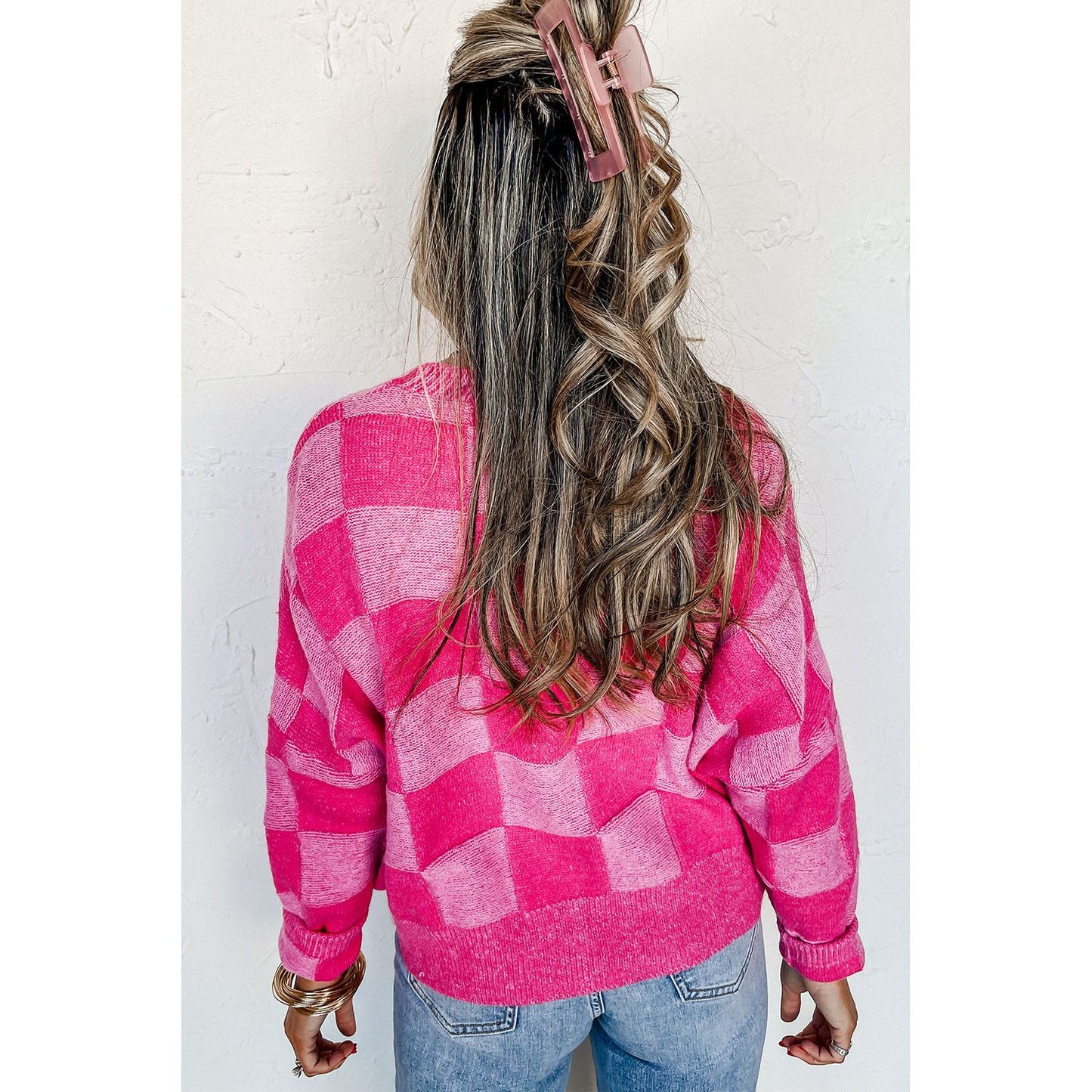 Pink Checkered Drop Shoulder Buttoned V Neck Cardigan