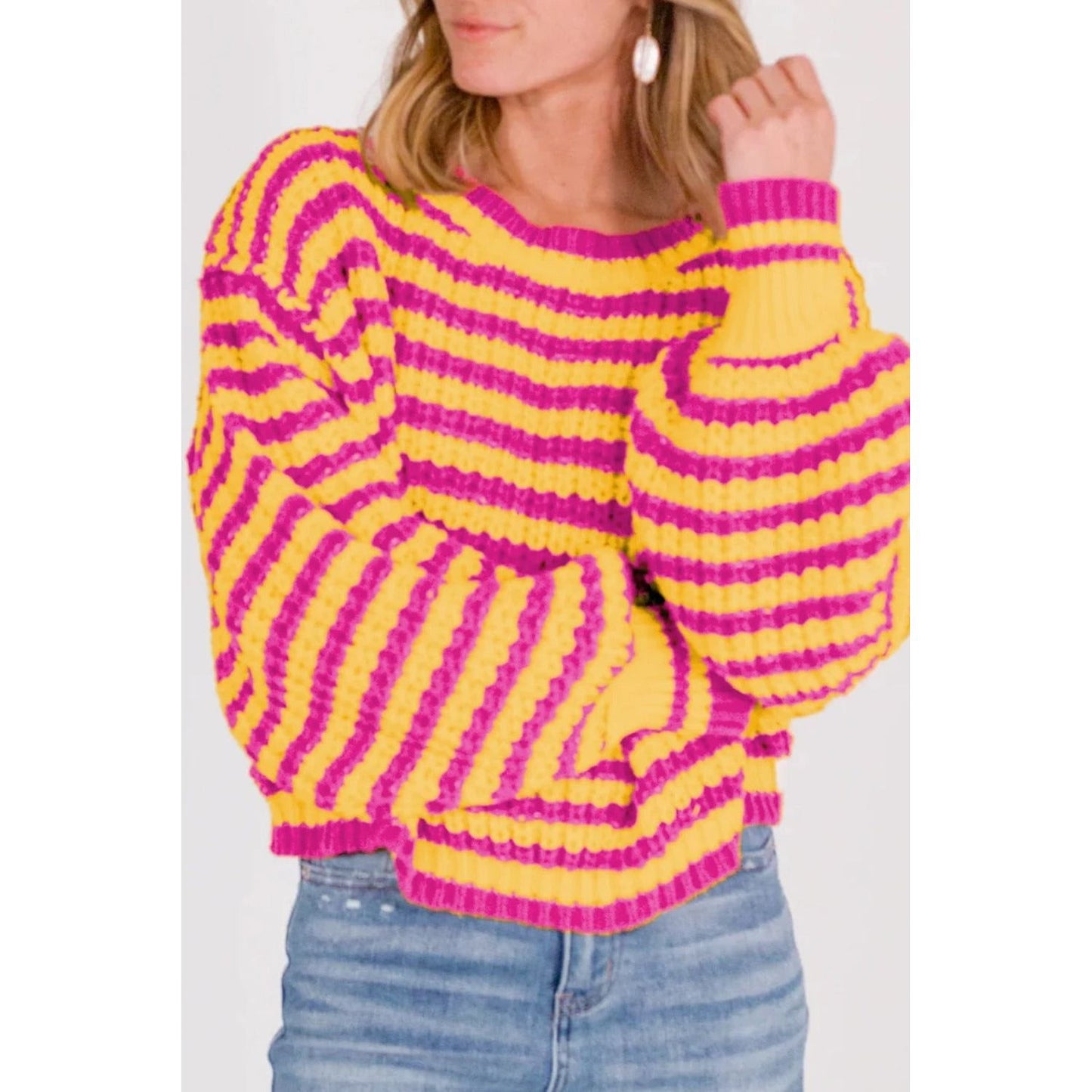 Orange Striped Bubble Sleeve Loose Sweater