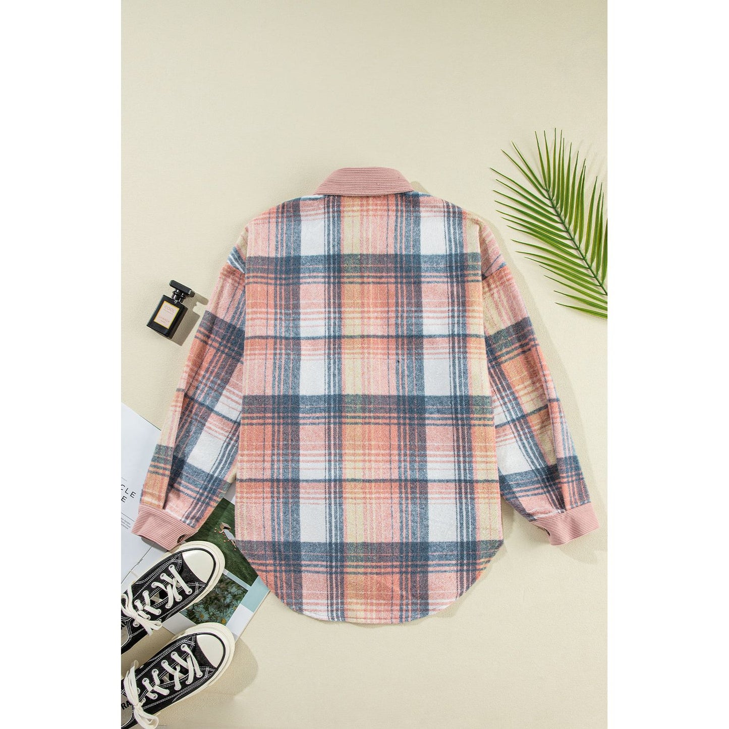 Campfire Nights Light Pink Plaid Corduroy Patchwork Chest Pocket Shacket