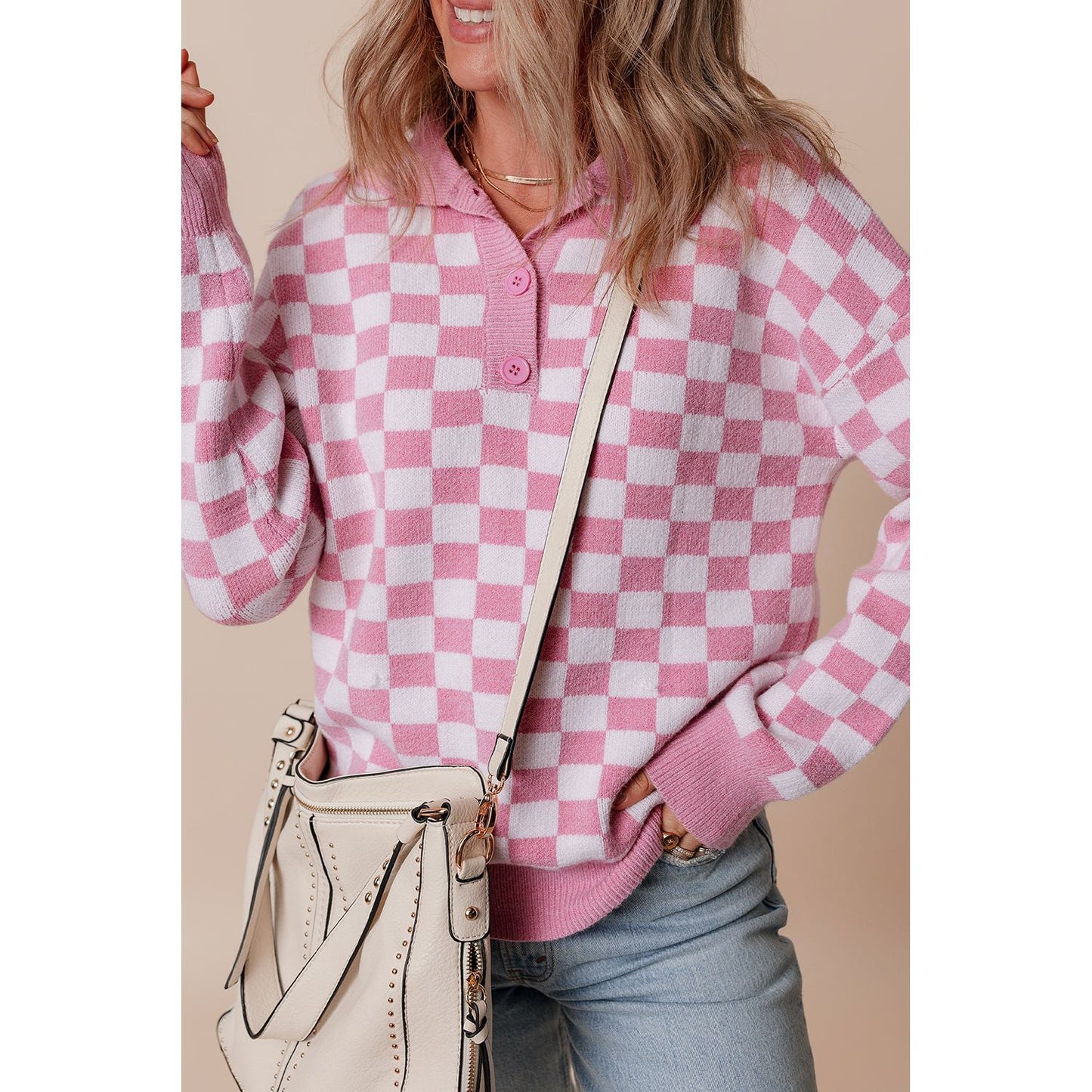 Fool Me Once Pink Checkered Buttoned V Neck Sweater