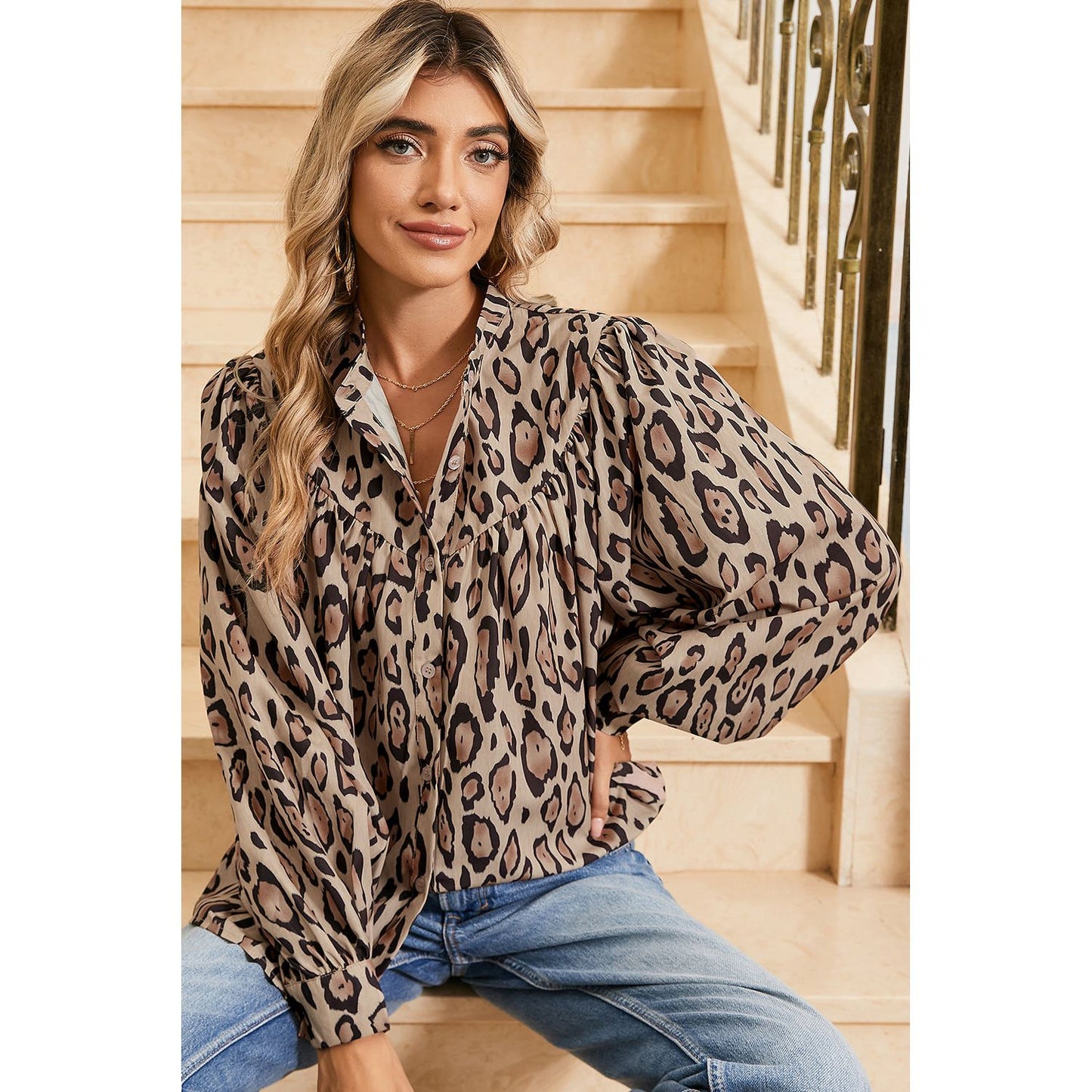 Jet Stream Leopard Print Balloon Sleeve Loose Blouse