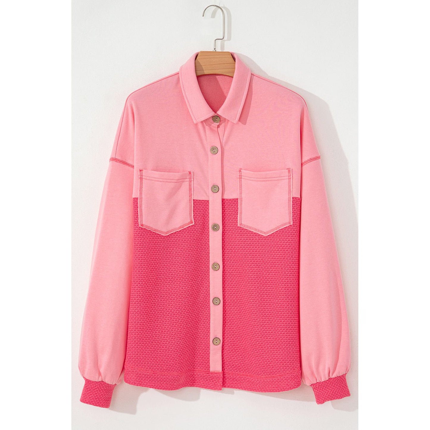 Peaches and Cream Contrast Waffle Knit Button Up Shacket