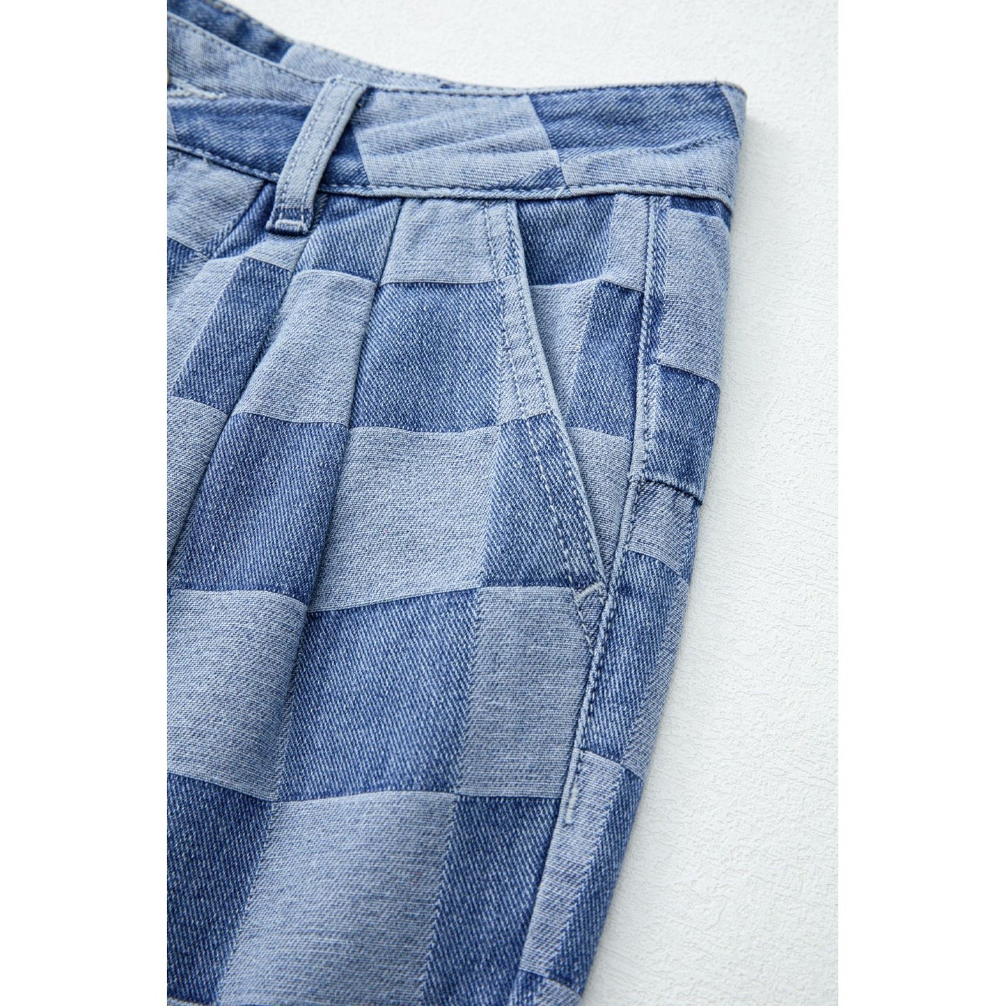 Dusk Blue Checkered Light Washed Wide Leg Jeans