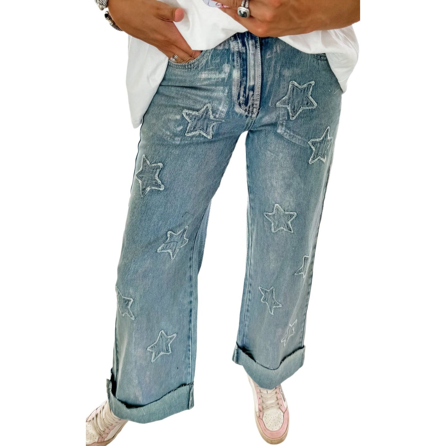 Dusk Blue Star Patched Straight Leg Loose Jeans