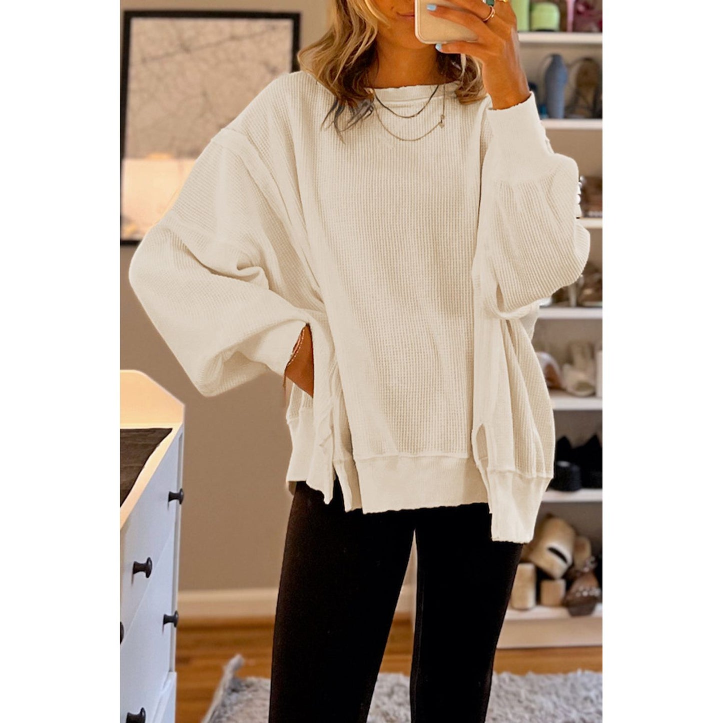 White Waffle Bishop Sleeve Split Oversized Sweatshirt